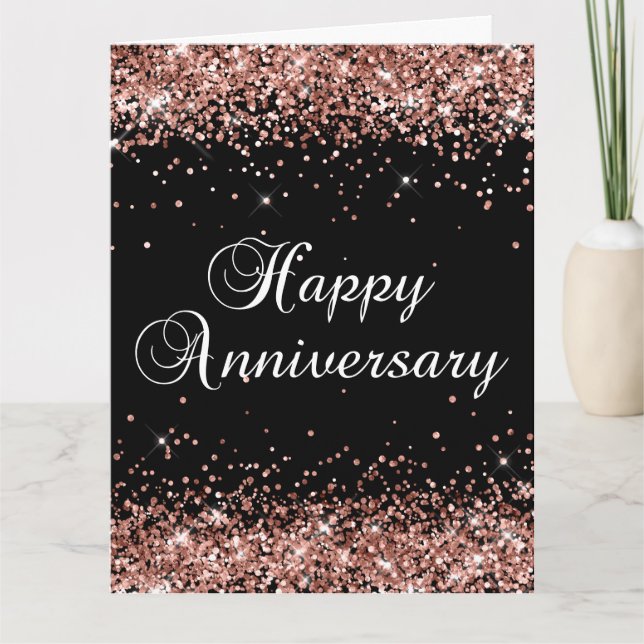 Rose Gold Glitter Black Happy Anniversary Card (Front)