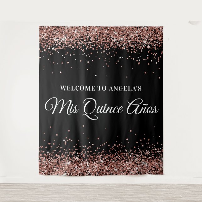 Rose Gold Glitter Black Mis Quince Años Welcome Tapestry (Front)