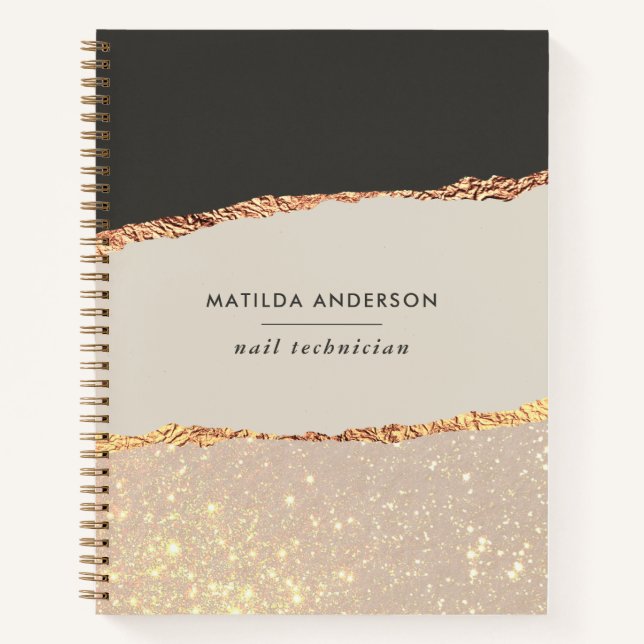 Rose gold glitter black modern elegant budget notebook (Front)
