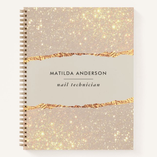 Rose gold glitter black modern elegant budget notebook (Front)