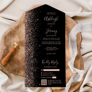 Rose Gold Glitter Black QR Code Wedding All In One Invitation