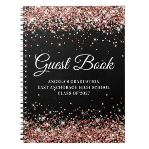 Rose Gold Glitter Black School Graduation Guest Notebook