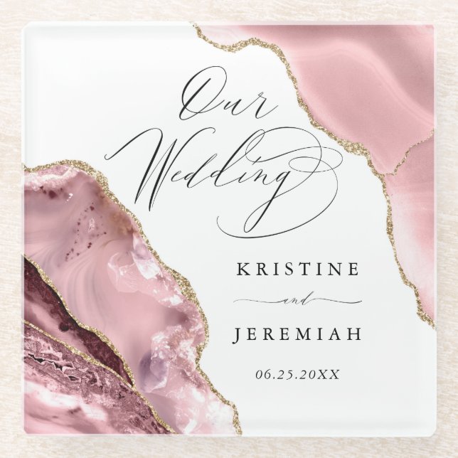 Rose Gold Glitter Black Script Luxury Wedding Glass Coaster (Front)