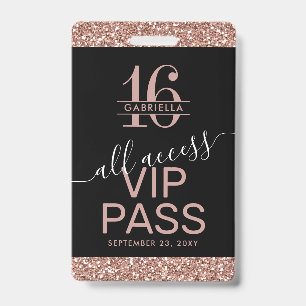 Rose Gold Glitter Black Sweet 16 Invitation VIP Badge