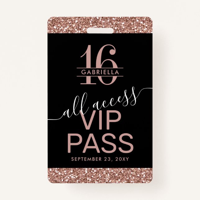 Rose Gold Glitter Black Sweet 16 Invitation VIP Badge (Front)
