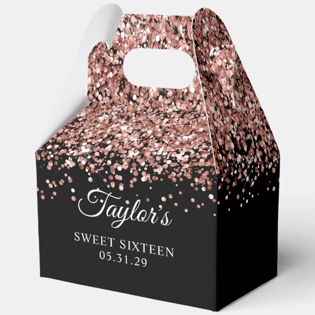 Rose Gold Glitter Black Sweet Sixteen Favor Box (Front)