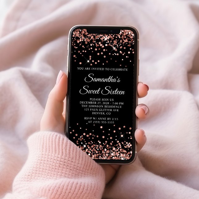Rose Gold Glitter Black Sweet Sixteen Invitation (Rose Gold Glitter Black Sweet Sixteen Invitation)