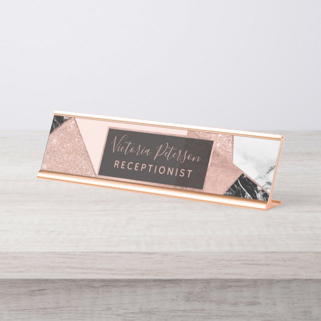 Rose gold glitter black white marble geometric desk name plate (Front)