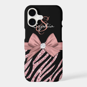 Rose Gold Glitter Black Zebra Stripes Bow Monogram