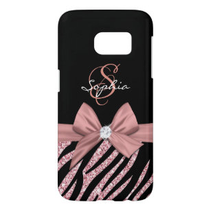 Rose Gold Glitter Black Zebra Stripes Bow Monogram Samsung Galaxy S7 Case