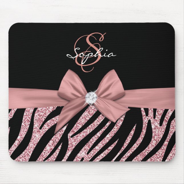 Rose Gold Glitter Black Zebra Stripes Bow Monogram Mouse Pad (Front)