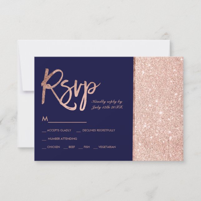 Rose gold glitter block navy blue rsvp wedding card (Front)