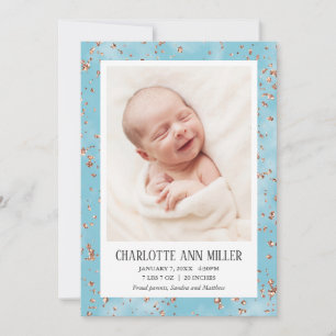 Rose Gold Glitter Blue Birth Announcement Card
