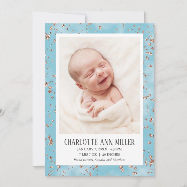 Rose Gold Glitter Blue Birth Announcement Card (Front)