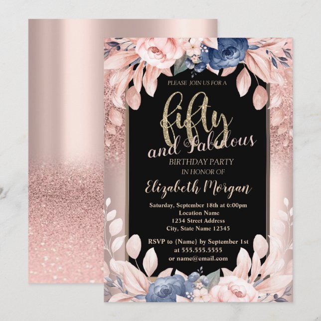 Rose Gold Glitter Blue Flowers 50th Birthday Party Invitation (Front/Back)