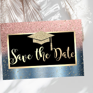Rose Gold Glitter Blue Graduation Save The Date