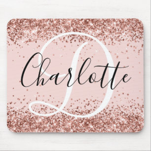 Rose Gold Glitter Blush Black and White Monogram Mouse Pad