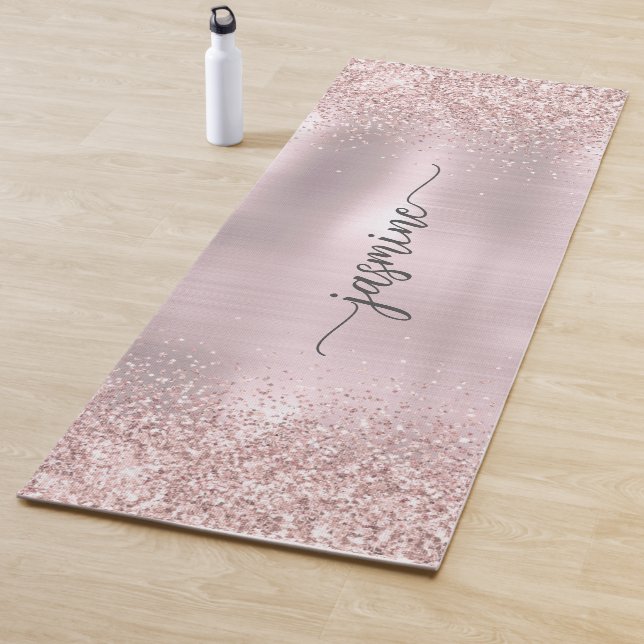 Rose Gold Glitter Blush Metallic Monogram Script Yoga Mat (In Situ)