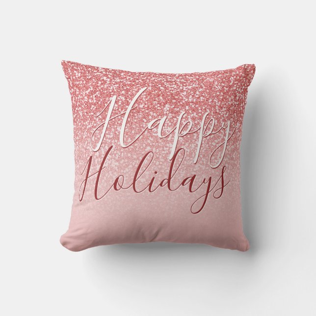Rose Gold Glitter Blush Ombre Happy Holidays Throw Pillow (Front)