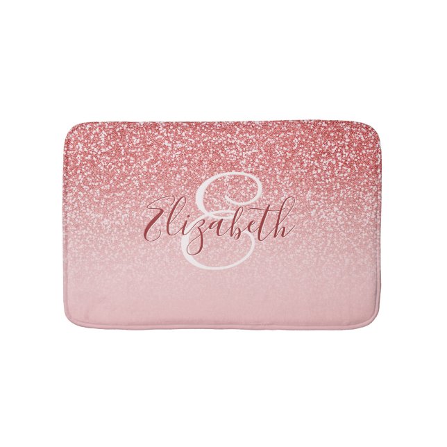 Rose Gold Glitter Blush Ombre Monogram Bath Mat (Front)