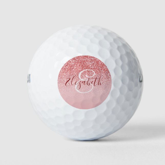 Rose Gold Glitter Blush Ombre Monogram Golf Balls (Front)