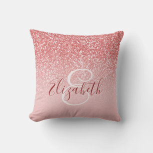Rose Gold Glitter Blush Ombre Monogram Throw Pillow