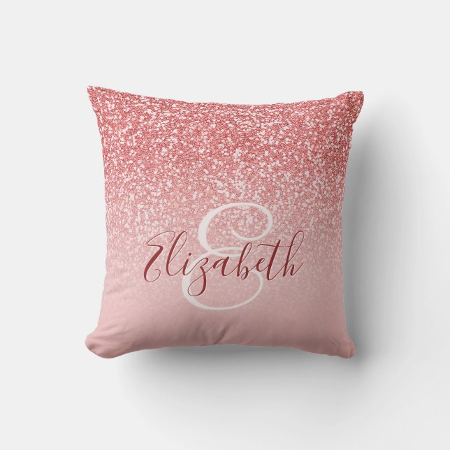 Rose Gold Glitter Blush Ombre Monogram Throw Pillow (Front)