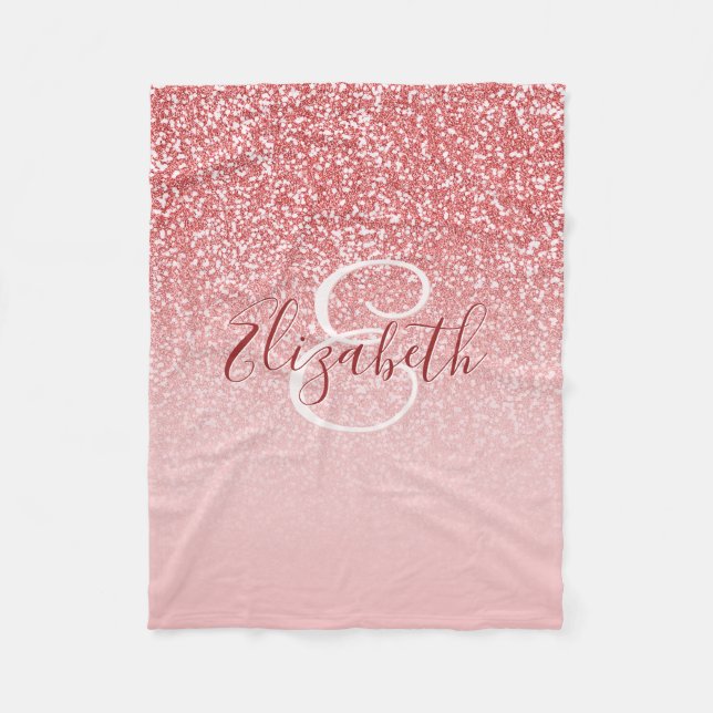 Rose Gold Glitter Blush Ombre Personalized Fleece Blanket (Front)