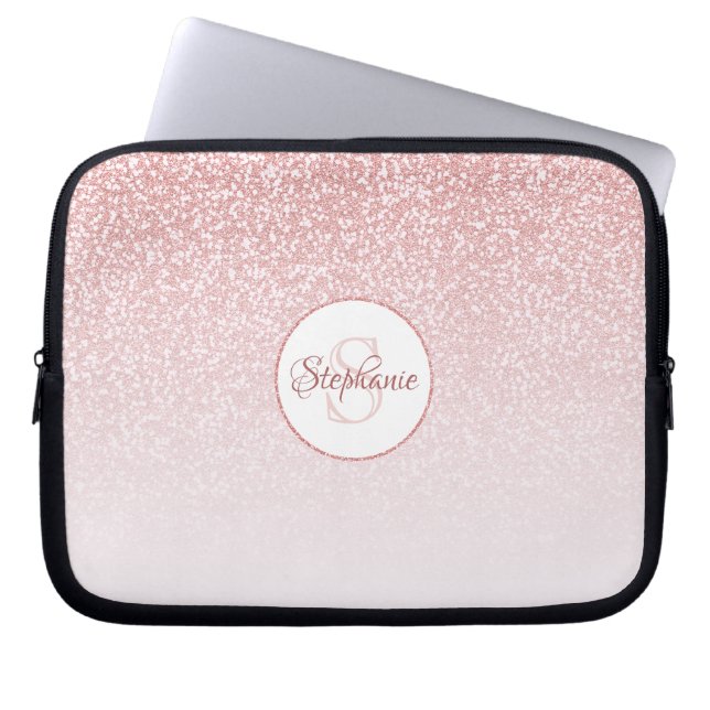 Rose Gold Glitter Blush Ombre Round Monogram Laptop Sleeve (Front)