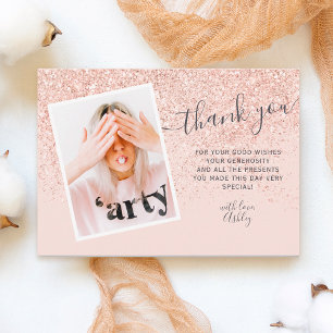 Rose gold glitter blush photo thank you Sweet 16 Card