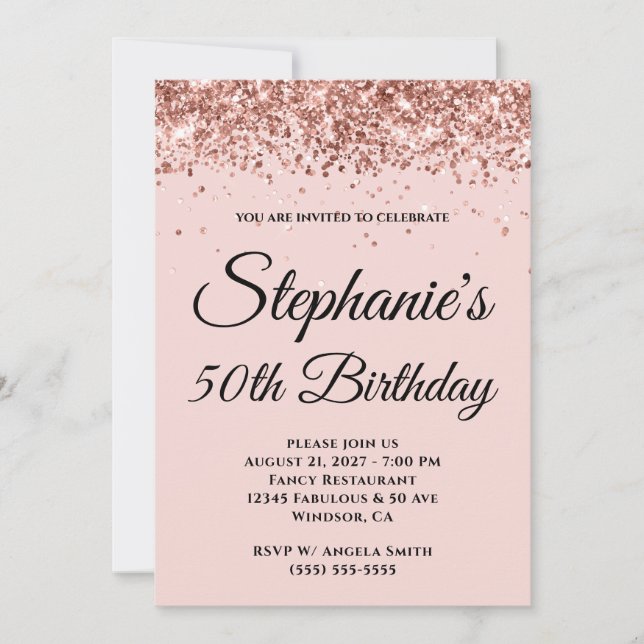 Rose Gold Glitter Blush Pink 50th Birthday Invitation (Front)