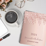 Rose gold glitter blush pink appointment book 2024 planner<br><div class="desc">A faux rose gold metallic looking background with elegant rose gold and pink faux glitter drips, paint dripping look. Template for a year. Personalize and add a name and a title. The name is written in dark rose gold with a modern hand lettered style script. Perfect for business, school, work,...</div>