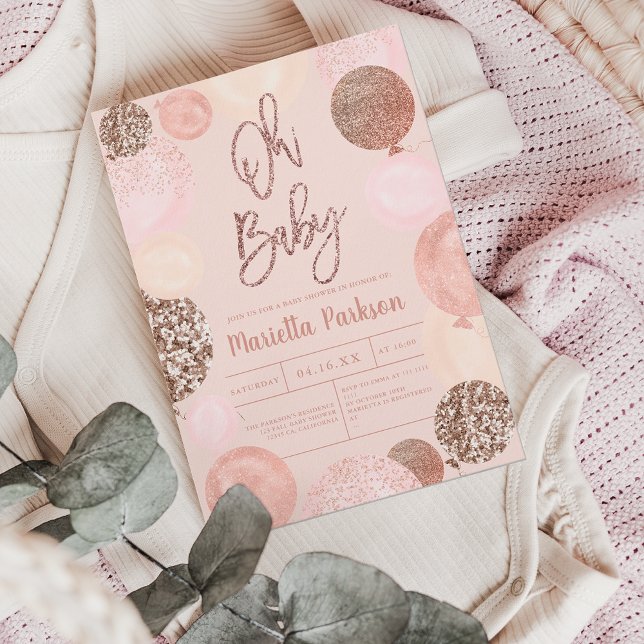 Rose gold glitter blush pink balloons baby shower invitation (Creator Uploaded)