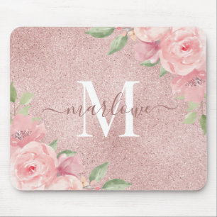 Rose Gold Glitter Blush Pink Floral Monogram Mouse Pad