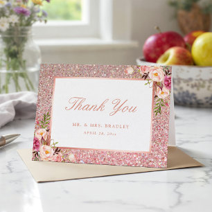 Rose Gold Glitter Blush Pink Floral Thank You Card