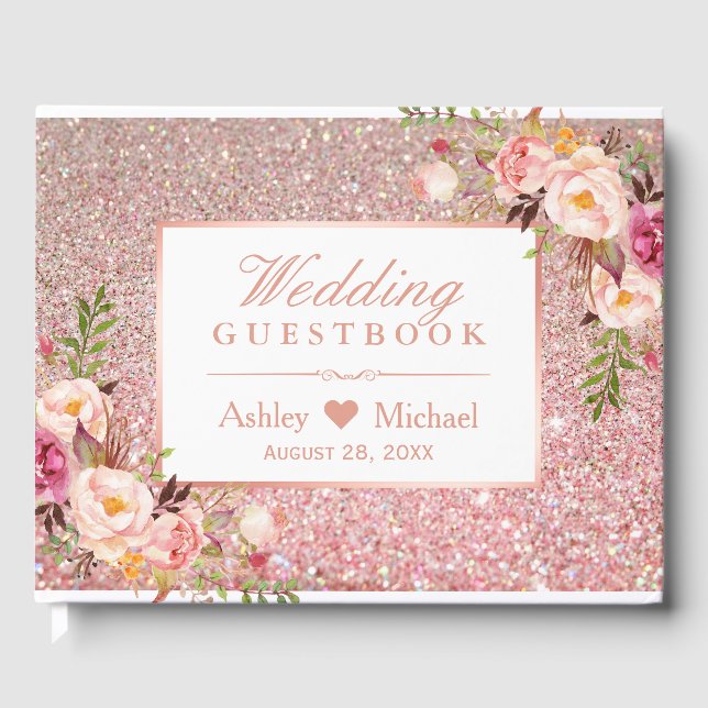 Rose Gold Glitter Blush Pink Floral Wedding Guest Book (Front)