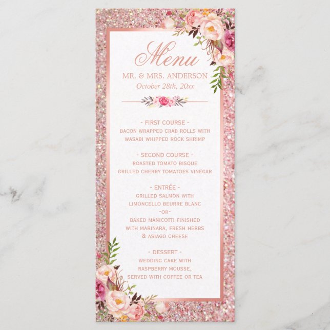 Rose Gold Glitter Blush Pink Floral Wedding Menu (Front)