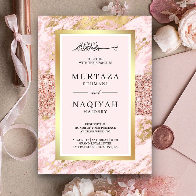 Rose Gold Glitter Blush Pink Marble Muslim Wedding Invitation (Creator Uploaded)
