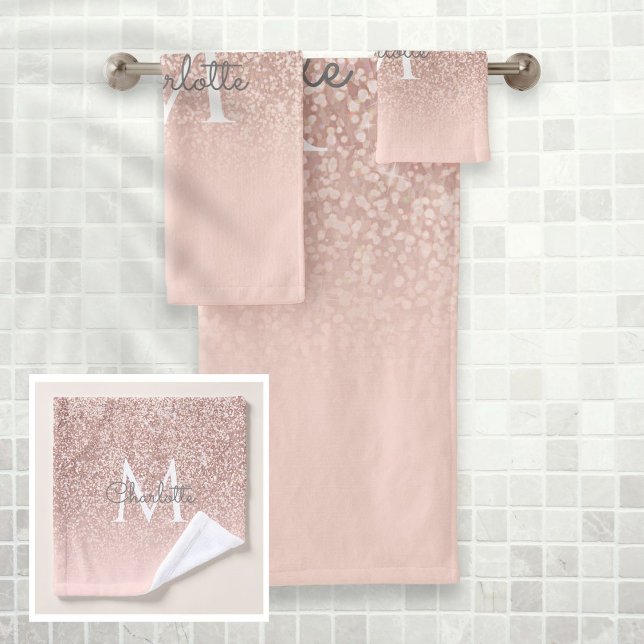 Rose Gold Glitter Blush Pink Monogram Bath Towel Set (Creator Uploaded)