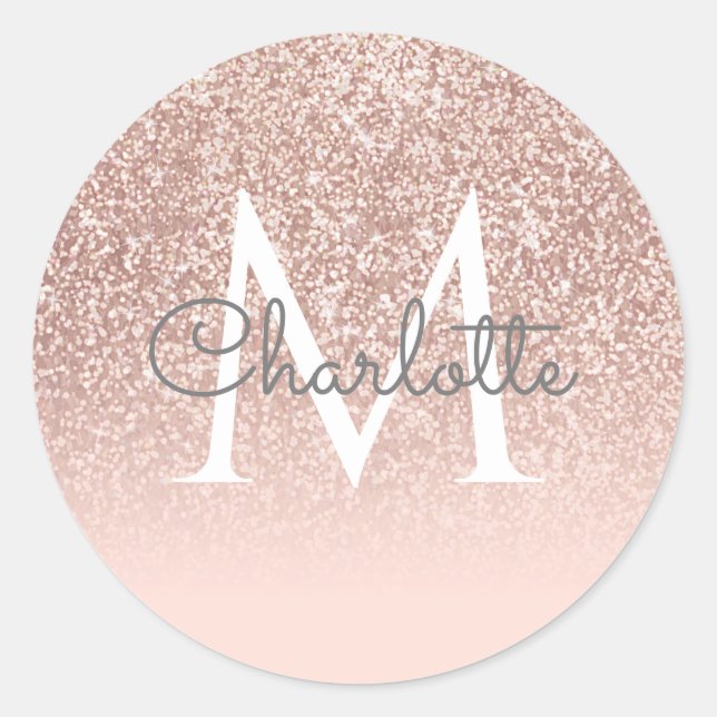 Rose Gold Glitter Blush Pink Monogram Girly Script Classic Round Sticker (Front)