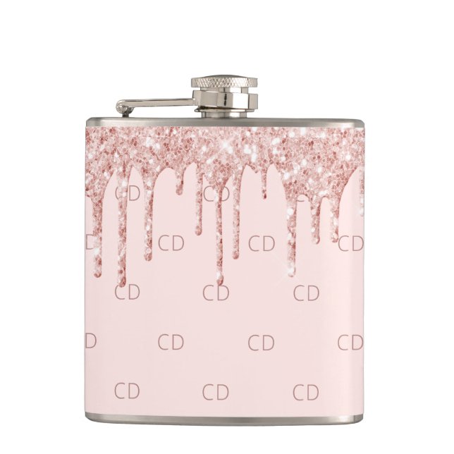 Rose gold glitter blush pink monogram initials hip flask (Front)
