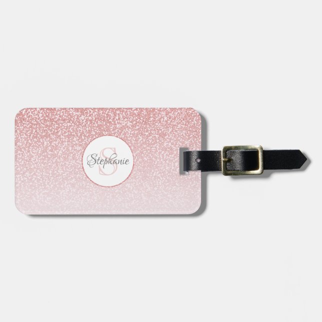 Rose Gold Glitter Blush Pink Monogram Luggage Tag (Front Horizontal)