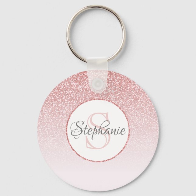 Rose Gold Glitter Blush Pink Ombre Personalized Keychain (Front)