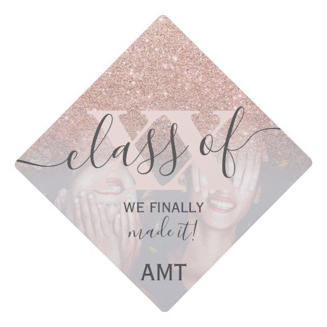 Rose gold glitter blush pink photo class of graduation cap topper (Front)