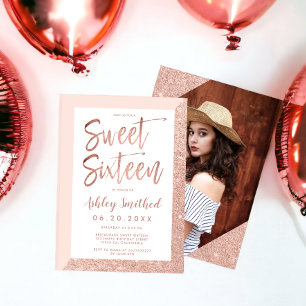 Rose gold glitter blush pink photo sweet sixteen invitation