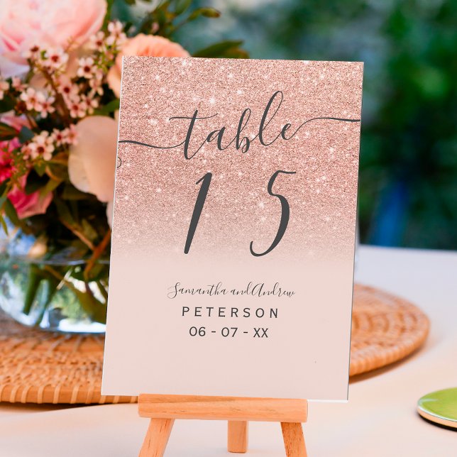 Rose gold glitter blush pink script wedding table table number (Creator Uploaded)