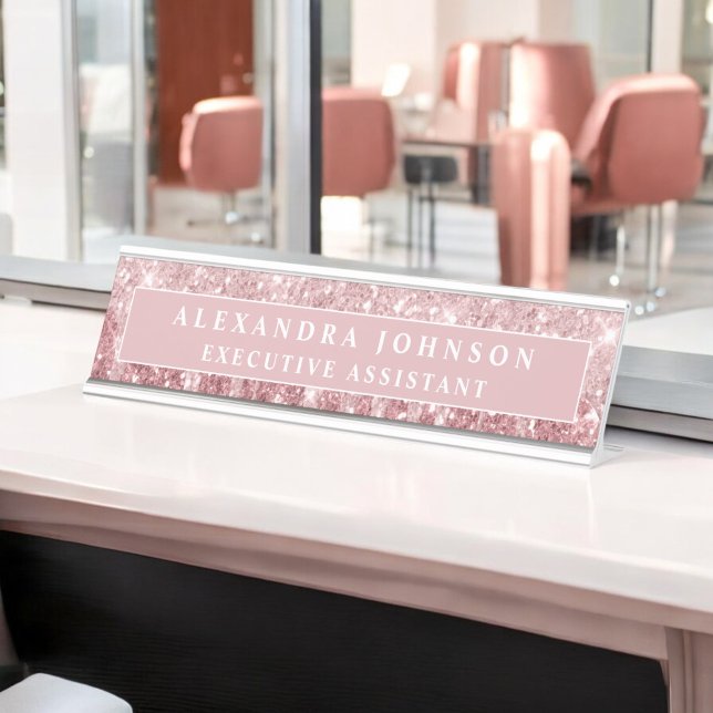 Rose Gold Glitter | Blush Pink Sparkle Modern Desk Name Plate (Creator Uploaded)
