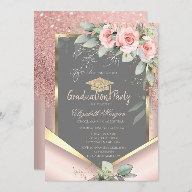 Rose Gold Glitter Blush Roses Graduation Invitation (Front/Back)