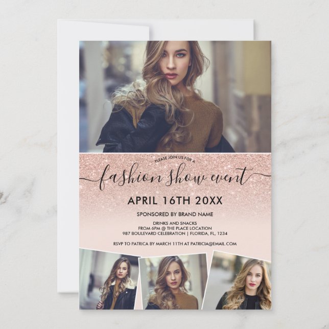Rose gold glitter blush script photos fashion show invitation (Back)