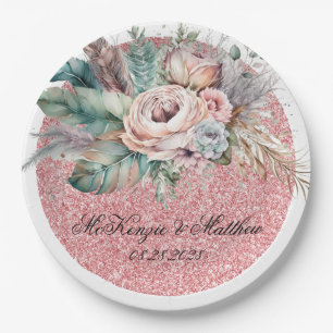 Rose Gold Glitter Boho Florals Feathers Wedding Paper Plate